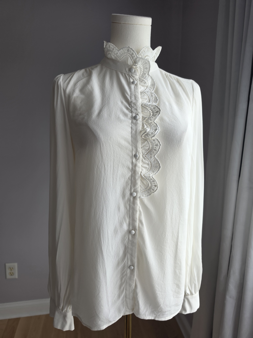 Sezane Cream Lace-Trim Button Down Shirt